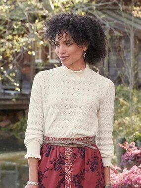 [New] Sundance (L) Frances Ruffle Scallop Mock Neck Ivory Cotton Knit Sweater